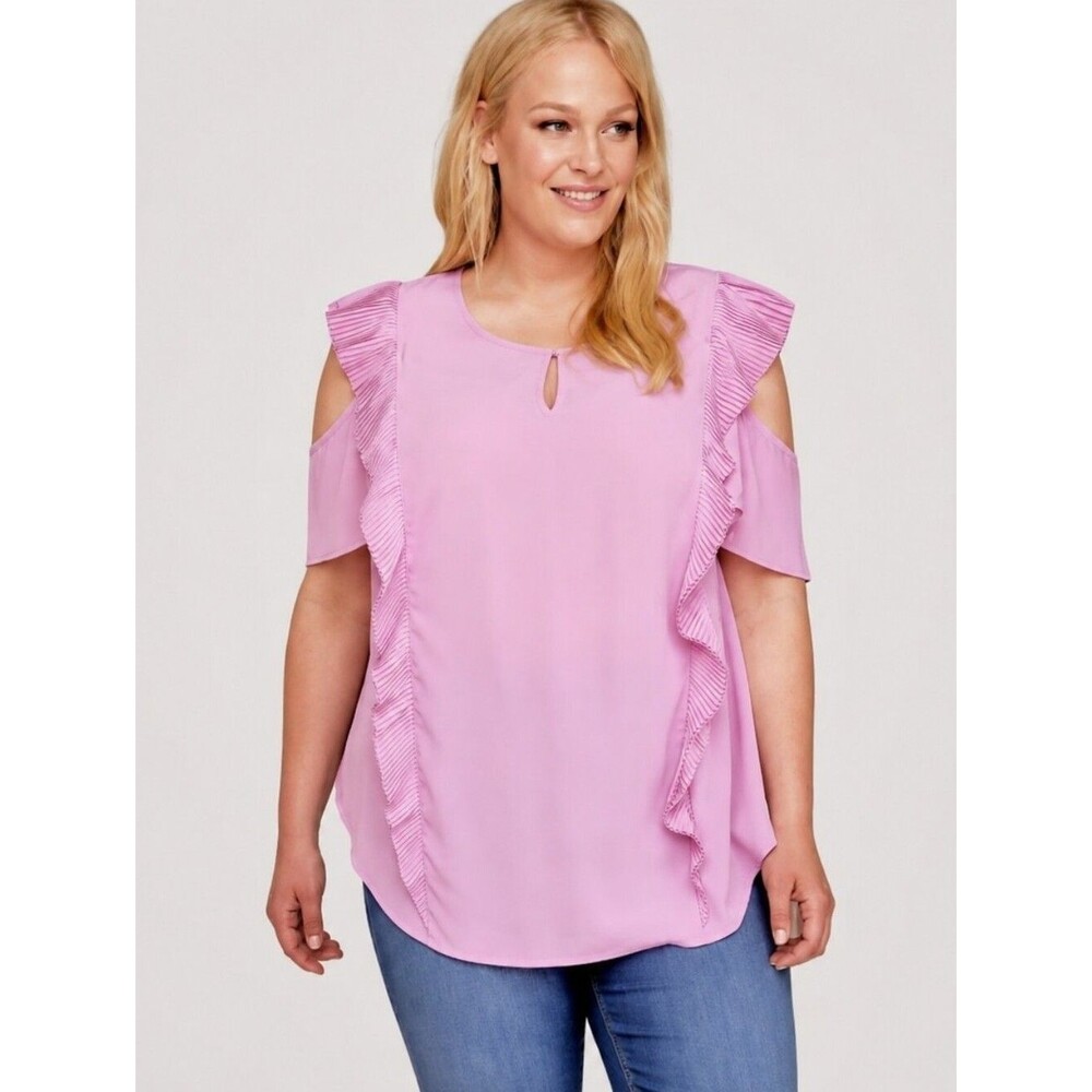 Lane Bryant Women's Pink Pleated Ruffle Cold Shoulder Blouse Pluse Size Top 22